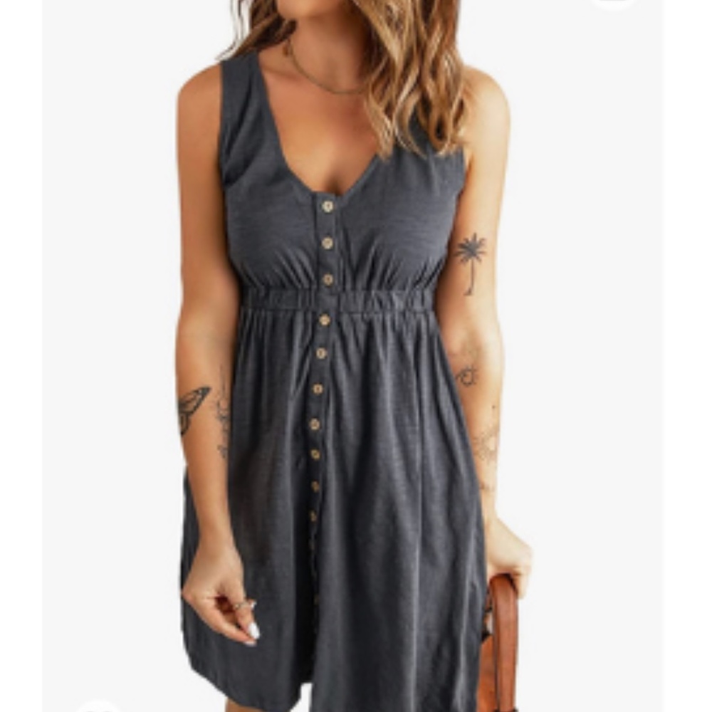 Acelitt Womens Casual Sleeveless Button Down Elastic Waist Swing Dresses,